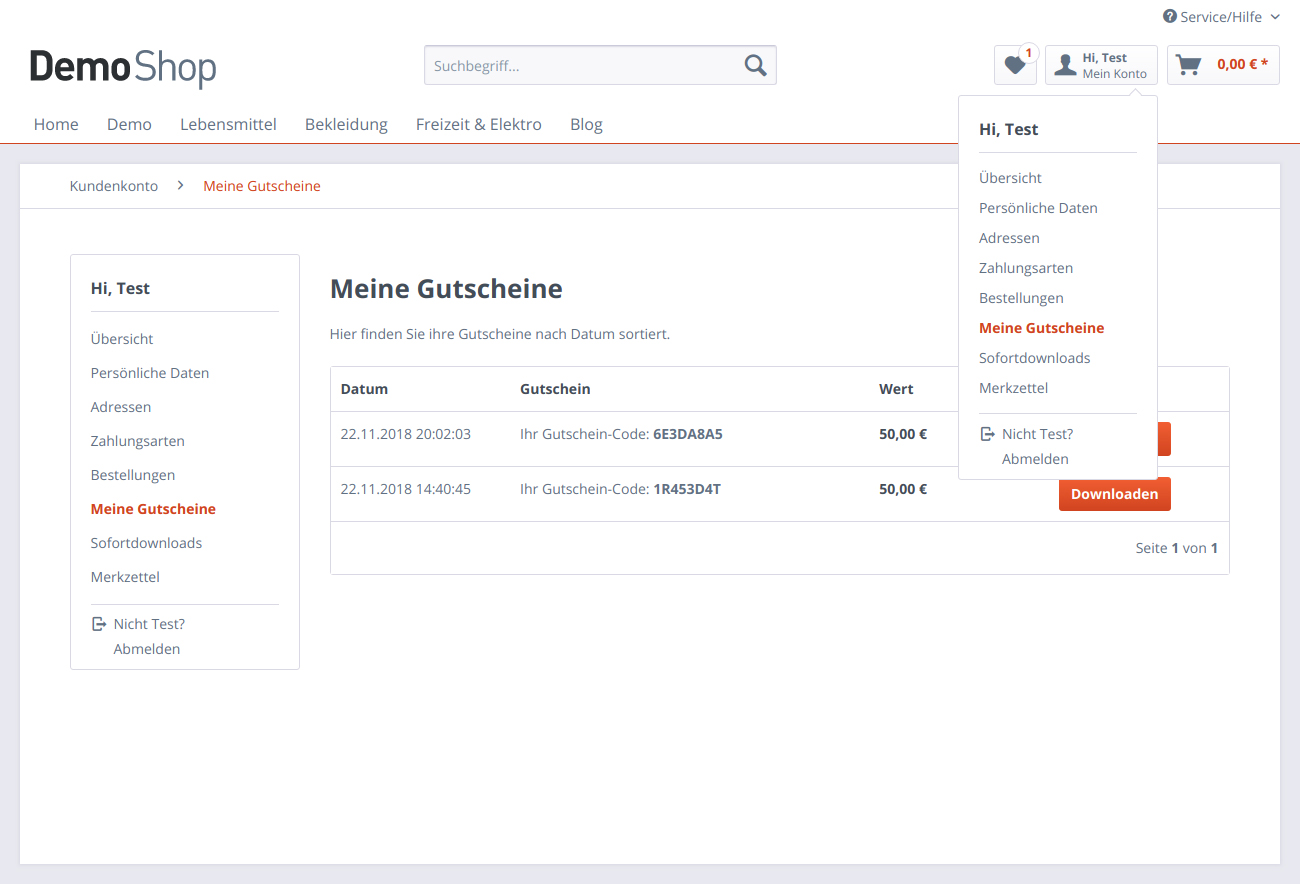 Gutscheinübersicht im Kundenkonto