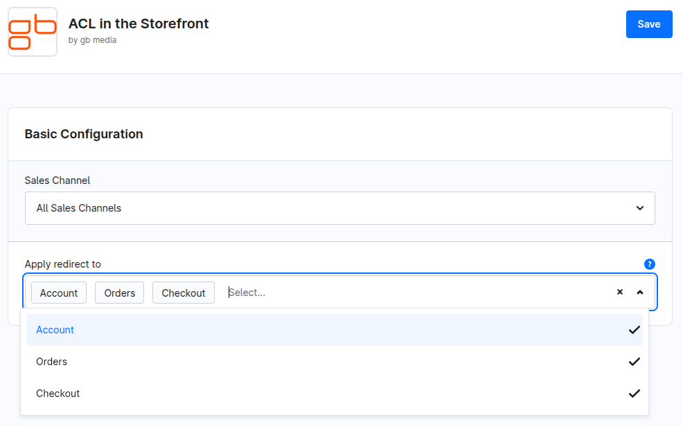 Plugin-Grundeinstellungen: Konfiguration von Redirect-Bereichen für Kundenkonto, Bestellungen und Checkout